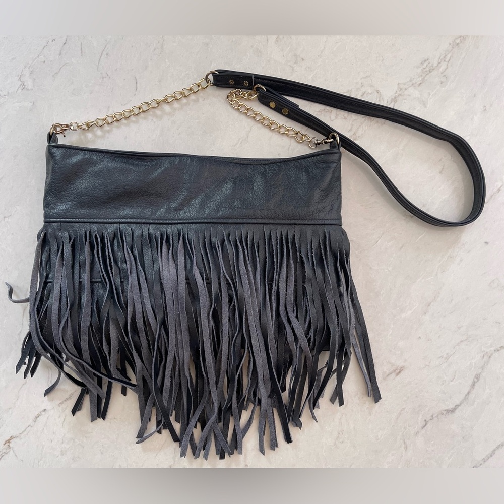 Karen Kalashnik Hand-Made Blue Fringe Leather Crossbody Bag